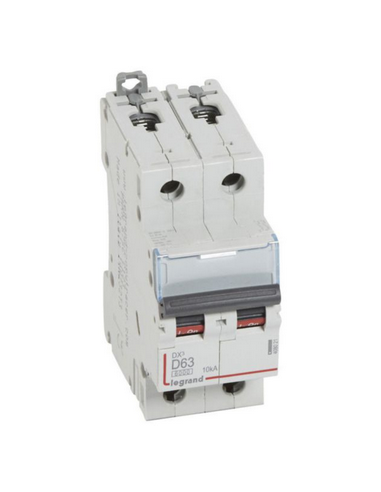 Disjoncteur DX³6000 10kA arrivée haute et départ bas à vis 2 Pôles 400V 63A courbe D 2 modules LEGRAND 408021