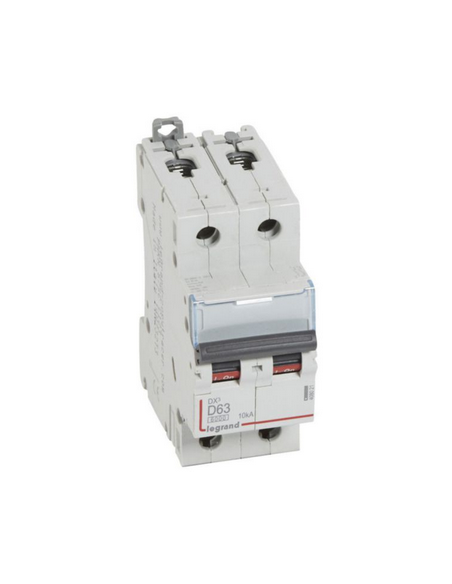 Disjoncteur DX³6000 10kA arrivée haute et départ bas à vis 2 Pôles 400V 63A courbe D 2 modules LEGRAND 408021