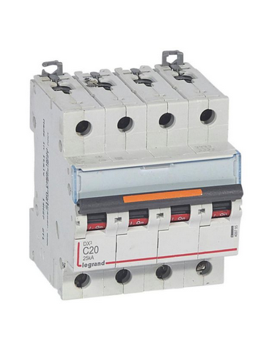 Disjoncteur DX³ 25kA arrivée haute et départ bas à vis 4 Pôles 400V~ 20A courbe C 4 modules LEGRAND 409795