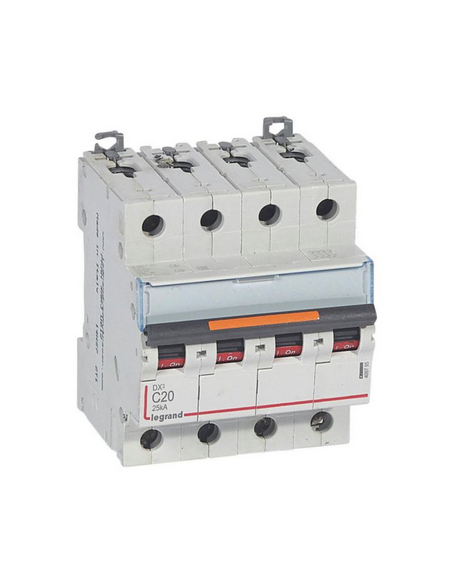 Disjoncteur DX³ 25kA arrivée haute et départ bas à vis 4 Pôles 400V~ 20A courbe C 4 modules LEGRAND 409795