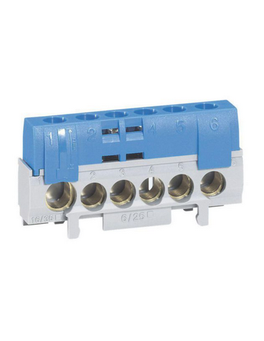 Bornier de neutre 5 bornes câble 6 à 25 mm² et 1 câble 10 à 35 mm² bleu LEGRAND 092784