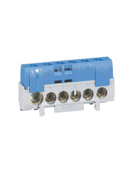 Bornier de neutre 5 bornes câble 6 à 25 mm² et 1 câble 10 à 35 mm² bleu LEGRAND 092784