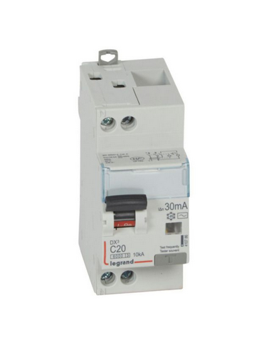 Disjoncteur différentiel DX³ 6000 vis/vis U+N 230V 20 A type AC 30 mA 10 kA courbe C 2 Modules LEGRAND 410786