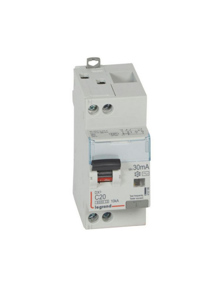 Disjoncteur différentiel DX³ 6000 vis/vis U+N 230V 20 A type AC 30 mA 10 kA courbe C 2 Modules LEGRAND 410786