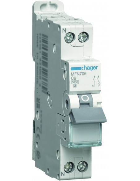 Disjoncteur 1P+N 3kA C-6A 1 Module HAGER MFN706
