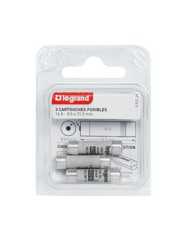 3 Cartouches fusibles pour porte-fusibles avec témoin 8,5x31,5mm 16A LEGRAND 092924