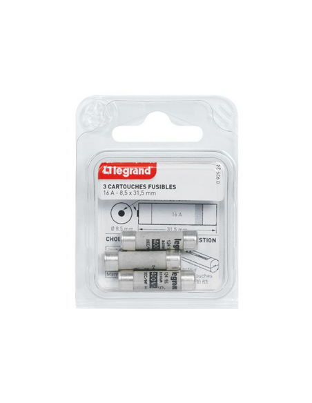 3 Cartouches fusibles pour porte-fusibles avec témoin 8,5x31,5mm 16A LEGRAND 092924