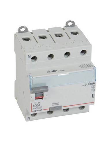 Interrupteur différentiel DX³-ID arrivée haute et départ bas à vis 4 Pôles 400V 100A type A 300mA 4 modules LEGRAND 411688