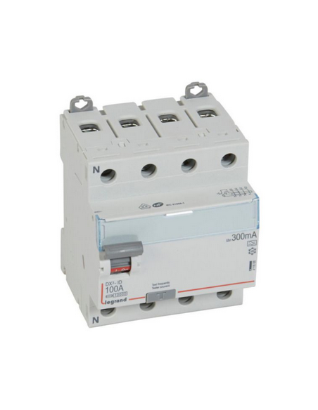 Interrupteur différentiel DX³-ID arrivée haute et départ bas à vis 4 Pôles 400V 100A type A 300mA 4 modules LEGRAND 411688