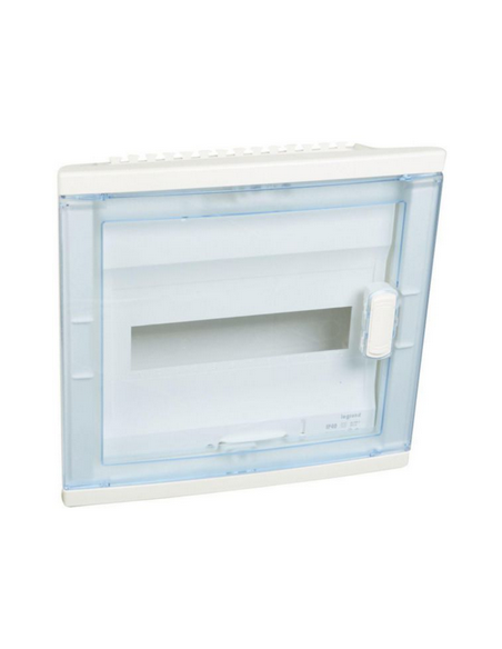 Coffret modulaire encastré 1 rangée 12+2 modules avec porte isolante galbée transparente LEGRAND 001521