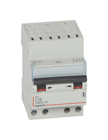 Disjoncteur DX³4500 6kA arrivée auto sortie basse bornes à vis tétrapolaire 400V 16A courbe C 3 modules LEGRAND 406919