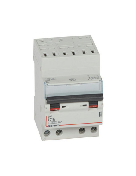 Disjoncteur DX³4500 6kA arrivée auto sortie basse bornes à vis tétrapolaire 400V 16A courbe C 3 modules LEGRAND 406919