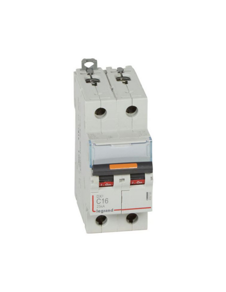 Disjoncteur DX3 25kA arrivée haute et départ bas à vis 2 Pôles 400V 16A courbe C 2 modules LEGRAND 409768