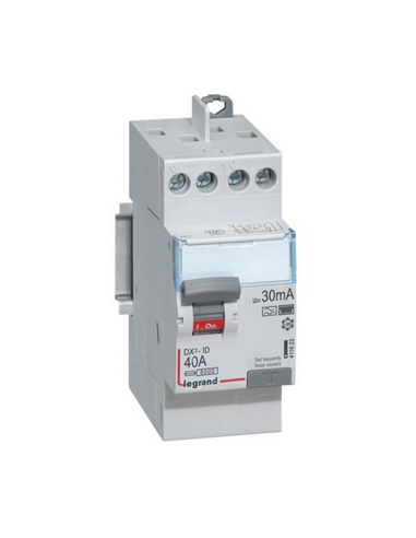 Interrupteur différentiel DX³-ID arrivée haute et départ haut à vis 2 Pôles 230V 40A type F 30mA 2 modules LEGRAND 411623