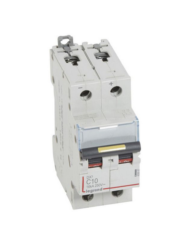 Disjoncteur DX³ 16kA courant continu arrivée vis et sortie basse vis 10A courbe C 2 modules LEGRAND 409567