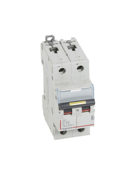 Disjoncteur DX³ 16kA courant continu arrivée vis et sortie basse vis 10A courbe C 2 modules LEGRAND 409567