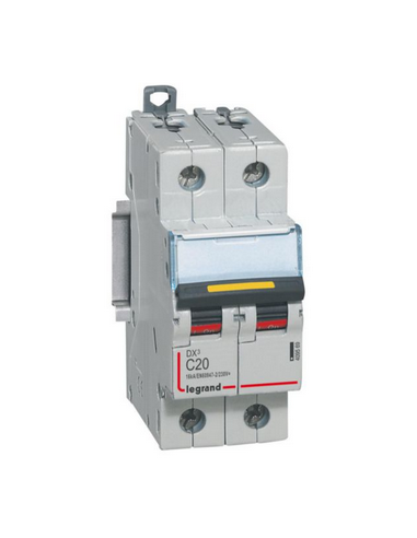 Disjoncteur DX³ 16kA courant continu arrivée vis et sortie basse vis 20A courbe C 2 modules LEGRAND 409569