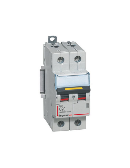 Disjoncteur DX³ 16kA courant continu arrivée vis et sortie basse vis 20A courbe C 2 modules LEGRAND 409569