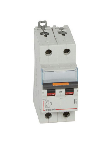Disjoncteur DX³ 25kA arrivée haute et départ bas à vis 2 Pôles de 230 à 400V 10A courbe C 2 modules LEGRAND 409767