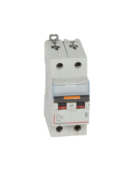 Disjoncteur DX³ 25kA arrivée haute et départ bas à vis 2 Pôles de 230 à 400V 10A courbe C 2 modules LEGRAND 409767