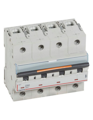 Disjoncteur DX³ 25kA arrivée haute et départ bas à vis 4 Pôles 400V~ 50A courbe D 6 modules LEGRAND 409851