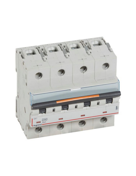 Disjoncteur DX³ 25kA arrivée haute et départ bas à vis 4 Pôles 400V~ 50A courbe D 6 modules LEGRAND 409851