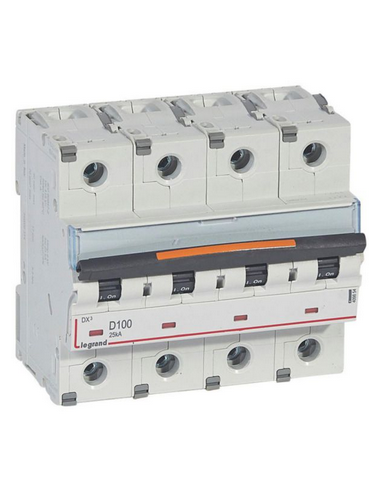 Disjoncteur DX³ 25kA arrivée haute et départ bas à vis 4 Pôles 400V~ 100A courbe D 6 modules LEGRAND 409854