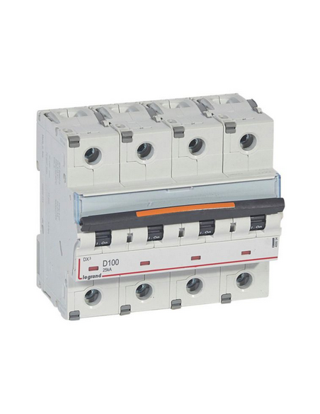 Disjoncteur DX³ 25kA arrivée haute et départ bas à vis 4 Pôles 400V~ 100A courbe D 6 modules LEGRAND 409854