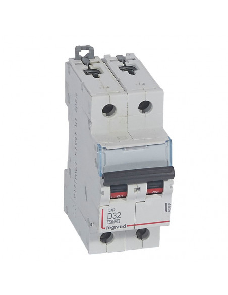 Disjoncteur DX³6000 arrivée haute et départ bas à vis 2 Pôles 400V 32A courbe D 2 modules LEGRAND 408018