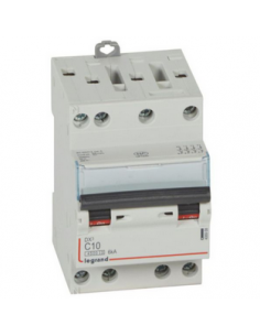 Disjoncteur DX³4500 6kA arrivée haute et sortie basse par borne à vis tétrapolaire 400V~ 10A courbe C 3 modules LEGRAND 406908