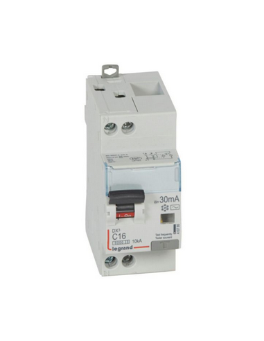 Disjoncteur différentiel monobloc DX³6000 10kA arrivée haute et départ bas à vis U+N 230V~ 16A type AC 30mA LEGRAND 410785