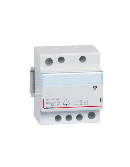 Transformateur pour sonnerie 230V vers 24V à 12V - 24VA à 18 VA 4 modules LEGRAND 413093