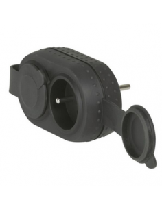 Fiche biplite étanche IP44 avec 2 prises 2P+T 16A 230V frontales antichoc avec 2 bouchons caoutchouc noir LEGRAND 050470