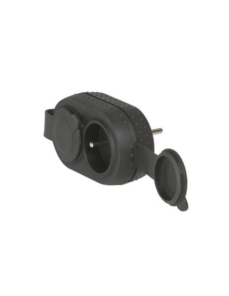 Fiche biplite étanche IP44 avec 2 prises 2P+T 16A 230V frontales antichoc avec 2 bouchons caoutchouc noir LEGRAND 050470