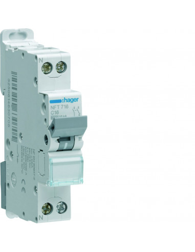 Disjoncteur 1P+N 6-10kA courbe C 16A 1 module HAGER NFT716
