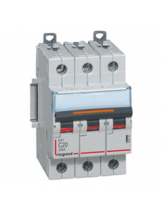 Disjoncteur DX³ 25kA arrivée haute et départ bas à vis 3 Pôles 400V~ 20A courbe C 3 modules LEGRAND 409782