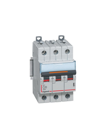 Disjoncteur DX³ 25kA arrivée haute et départ bas à vis 3 Pôles 400V~ 20A courbe C 3 modules LEGRAND 409782