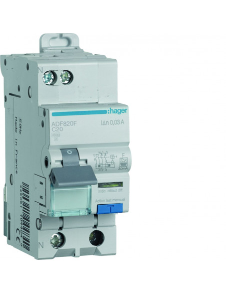 Disjoncteur différentiel 1P+N 4 5kA Courbe C 20A 30mA type F HAGER ADF820F