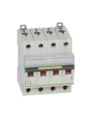 Disjoncteur DX³10000 16kA arrivée haute et départ bas à vis 4 Pôles 400V 16A courbe C 4 modules LEGRAND 409355