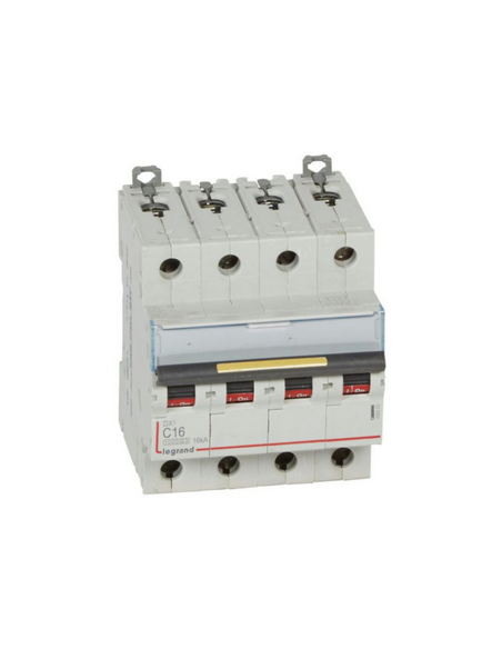 Disjoncteur DX³10000 16kA arrivée haute et départ bas à vis 4 Pôles 400V 16A courbe C 4 modules LEGRAND 409355