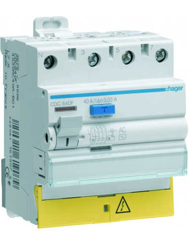 Interrupteur Différentiel 4 Pôles 40A 30MA Type AC Bornes Décalées HAGER CDC840F