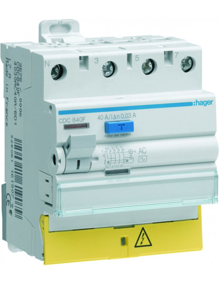Interrupteur Différentiel 4 Pôles 40A 30MA Type AC Bornes Décalées HAGER CDC840F