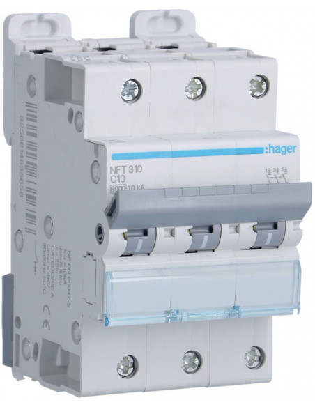 Disjoncteur 3 Pôles 6-10kA courbe C - 10A 3 modules HAGER NFT310