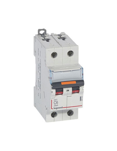 Disjoncteur DX³ 25kA arrivée haute et départ bas à vis 2 Pôles 230V~ à 400V~ 6A courbe C 2 modules LEGRAND 409766