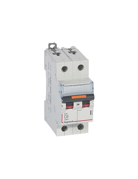 Disjoncteur DX³ 25kA arrivée haute et départ bas à vis 2 Pôles 230V~ à 400V~ 6A courbe C 2 modules LEGRAND 409766