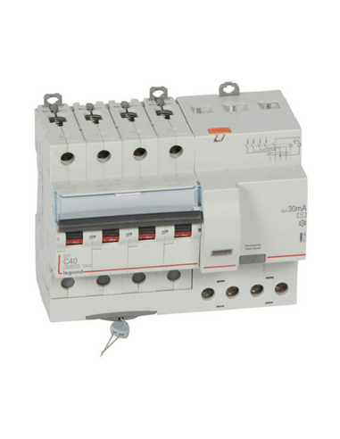 Disjoncteur différentiel monobloc DX³6000 10kA arrivée et départ à vis 4 Pôles 400V~ 40A type AC 30mA LEGRAND 411190