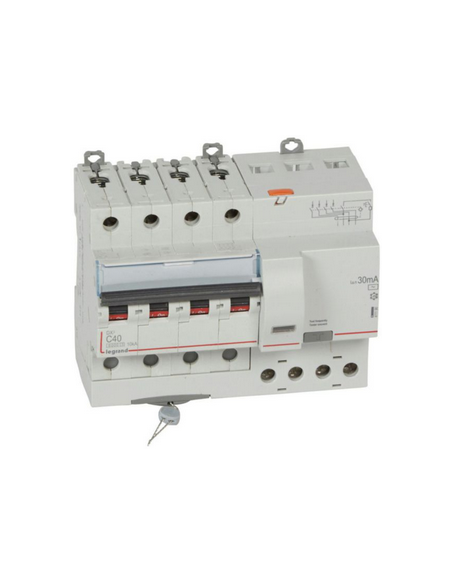 Disjoncteur différentiel monobloc DX³6000 10kA arrivée et départ à vis 4 Pôles 400V~ 40A type AC 30mA LEGRAND 411190