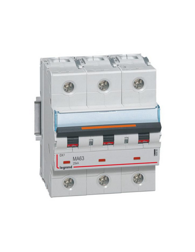 Disjoncteur magnétique seul DX³ MA 25kA arrivée haute et départ bas à vis 3 Pôles 400V~ 63A 4,5 modules LEGRAND 409885