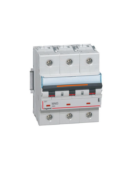 Disjoncteur magnétique seul DX³ MA 25kA arrivée haute et départ bas à vis 3 Pôles 400V~ 63A 4,5 modules LEGRAND 409885