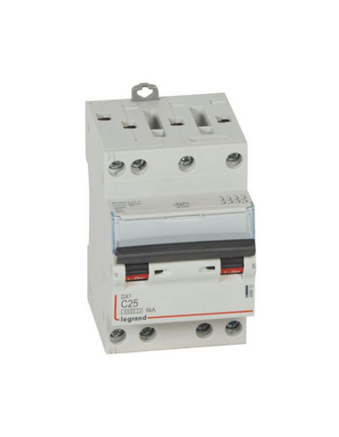 Disjoncteur DX³4500 6kA arrivée haute et sortie basse par borne à vis tétrapolaire 400V 25A courbe C 3 modules  LEGRAND 406912